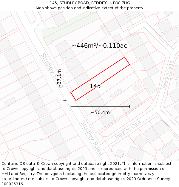 145, STUDLEY ROAD, REDDITCH, B98 7HG: Plot and title map