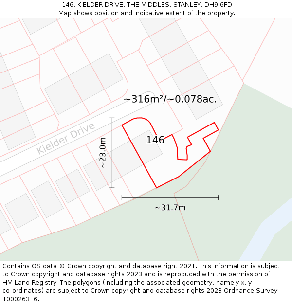 146, KIELDER DRIVE, THE MIDDLES, STANLEY, DH9 6FD: Plot and title map
