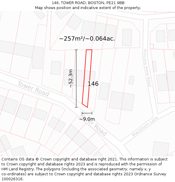 146, TOWER ROAD, BOSTON, PE21 9BB: Plot and title map
