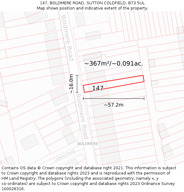 147, BOLDMERE ROAD, SUTTON COLDFIELD, B73 5UL: Plot and title map