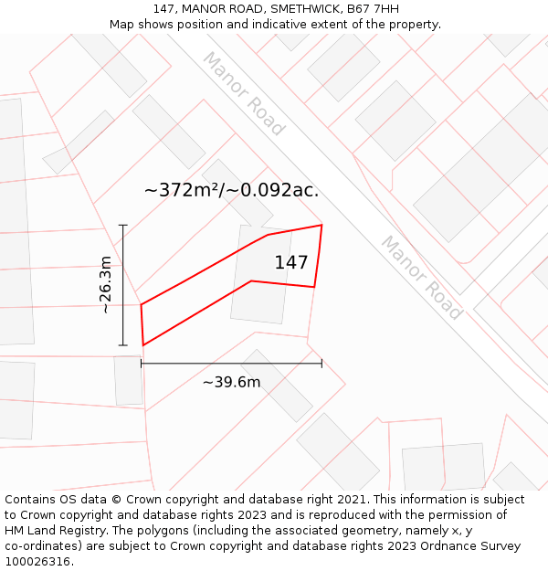 147, MANOR ROAD, SMETHWICK, B67 7HH: Plot and title map