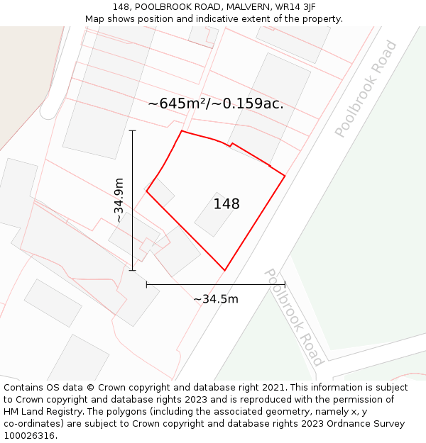 148, POOLBROOK ROAD, MALVERN, WR14 3JF: Plot and title map