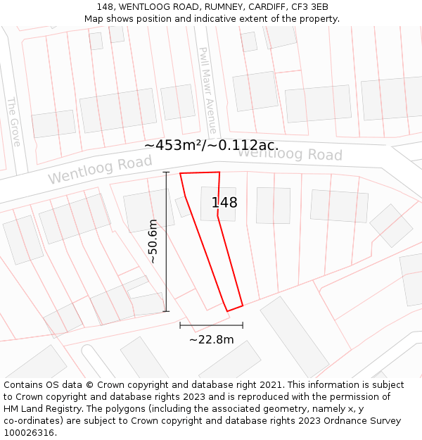 148, WENTLOOG ROAD, RUMNEY, CARDIFF, CF3 3EB: Plot and title map