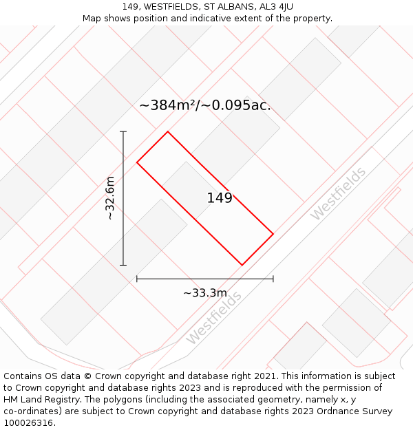 149, WESTFIELDS, ST ALBANS, AL3 4JU: Plot and title map