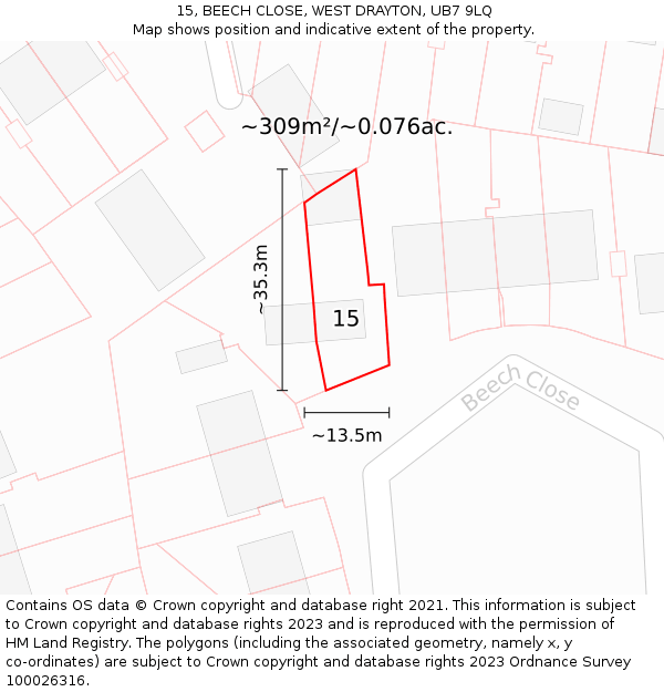 15, BEECH CLOSE, WEST DRAYTON, UB7 9LQ: Plot and title map