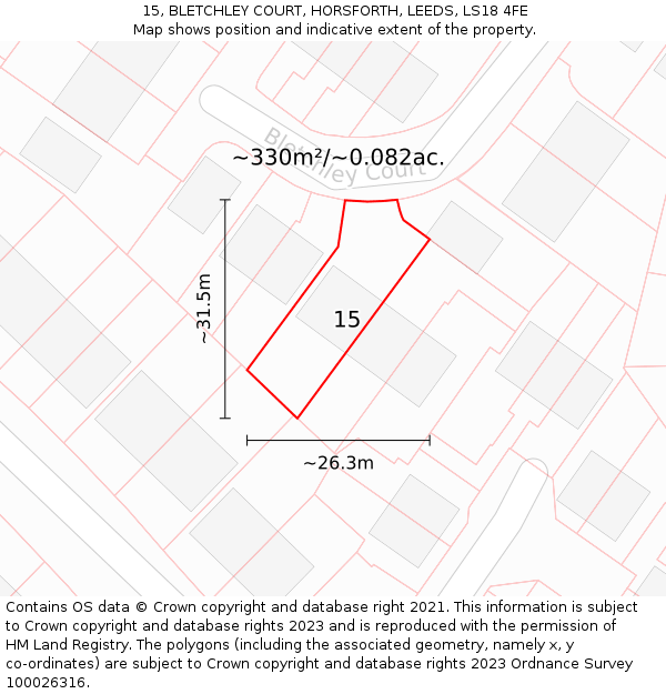 15, BLETCHLEY COURT, HORSFORTH, LEEDS, LS18 4FE: Plot and title map