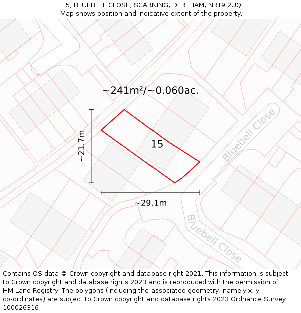 15, BLUEBELL CLOSE, SCARNING, DEREHAM, NR19 2UQ: Plot and title map