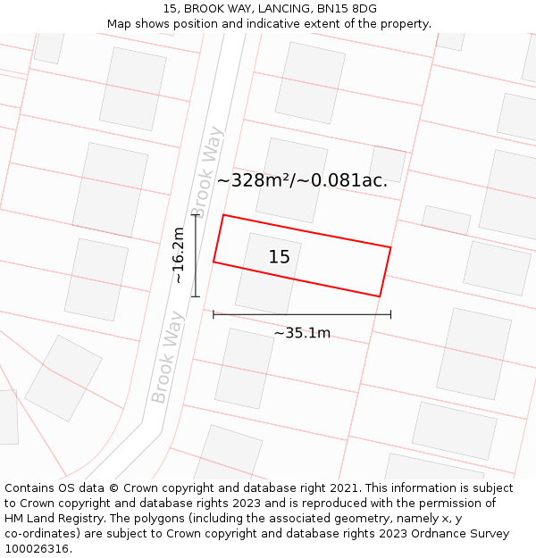 15, BROOK WAY, LANCING, BN15 8DG: Plot and title map