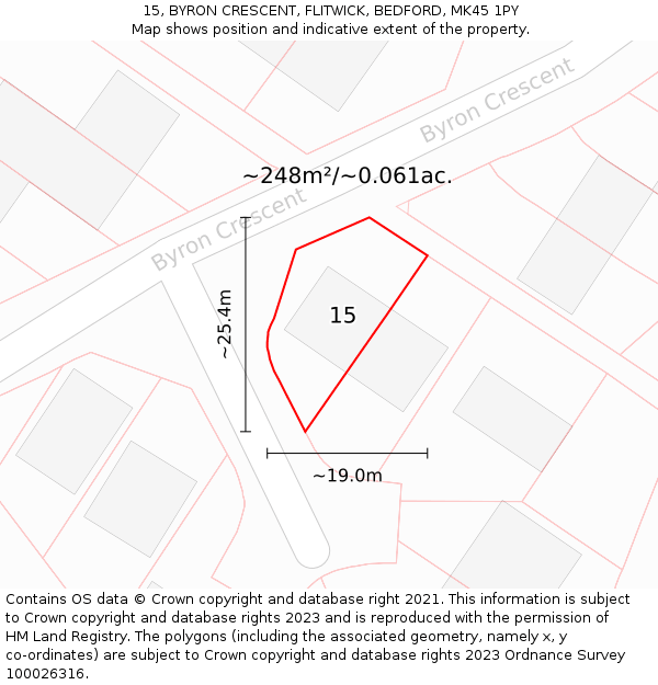15, BYRON CRESCENT, FLITWICK, BEDFORD, MK45 1PY: Plot and title map