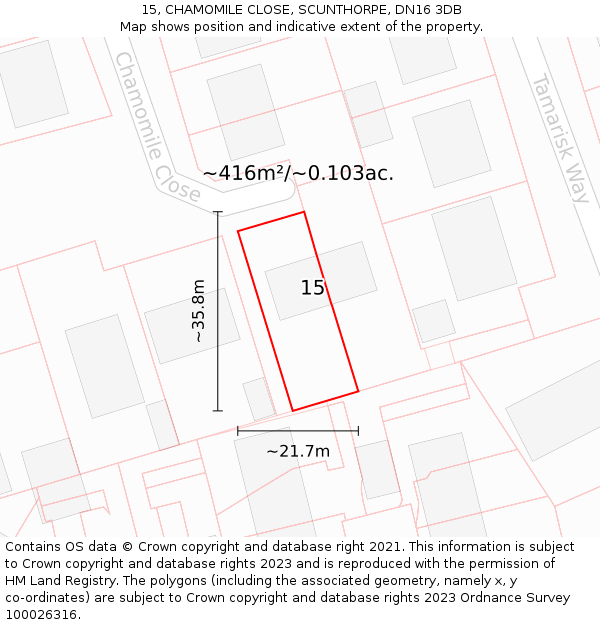15, CHAMOMILE CLOSE, SCUNTHORPE, DN16 3DB: Plot and title map