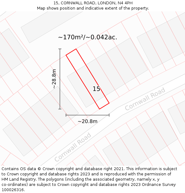 15, CORNWALL ROAD, LONDON, N4 4PH: Plot and title map