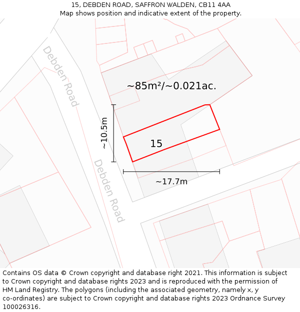 15, DEBDEN ROAD, SAFFRON WALDEN, CB11 4AA: Plot and title map
