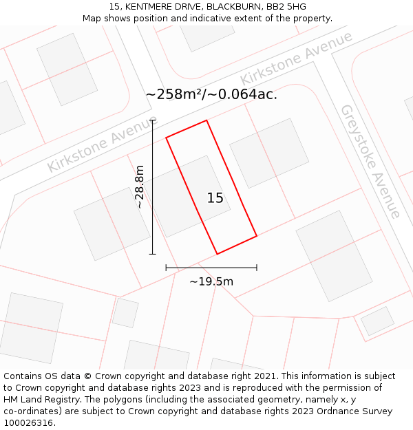 15, KENTMERE DRIVE, BLACKBURN, BB2 5HG: Plot and title map
