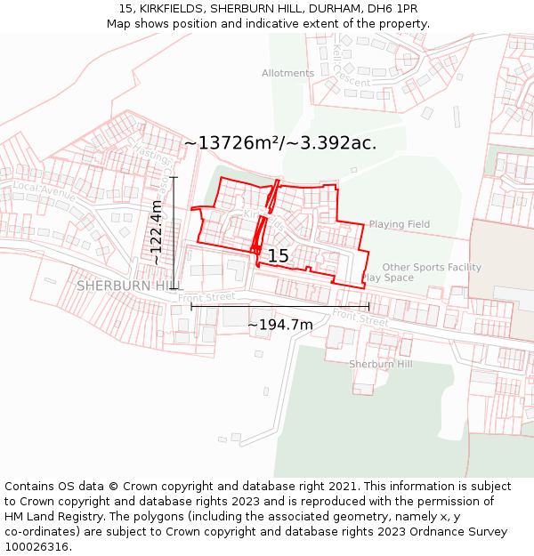 15, KIRKFIELDS, SHERBURN HILL, DURHAM, DH6 1PR: Plot and title map