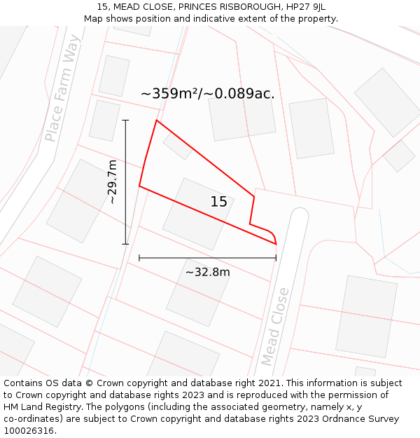 15, MEAD CLOSE, PRINCES RISBOROUGH, HP27 9JL: Plot and title map