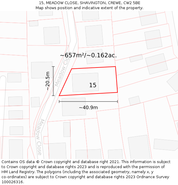 15, MEADOW CLOSE, SHAVINGTON, CREWE, CW2 5BE: Plot and title map