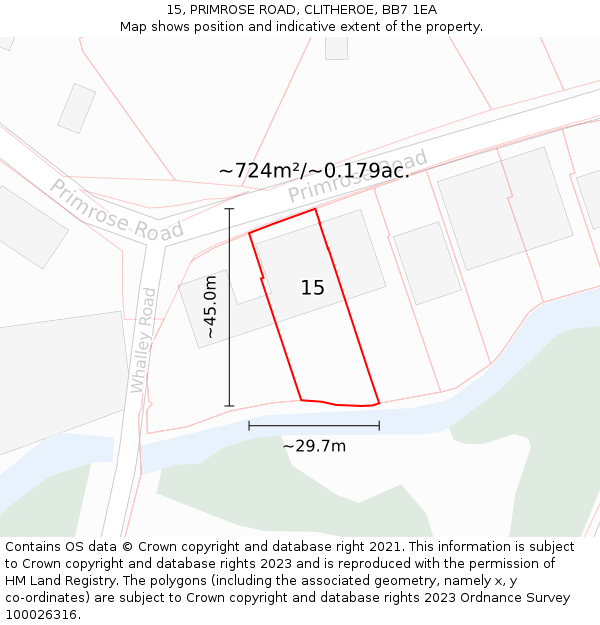 15, PRIMROSE ROAD, CLITHEROE, BB7 1EA: Plot and title map