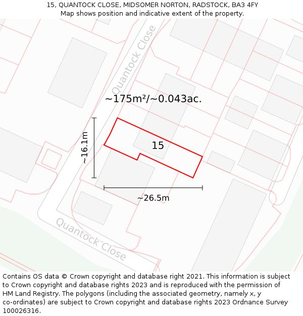 15, QUANTOCK CLOSE, MIDSOMER NORTON, RADSTOCK, BA3 4FY: Plot and title map
