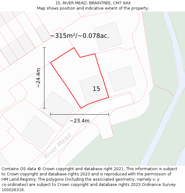 15, RIVER MEAD, BRAINTREE, CM7 9AX: Plot and title map