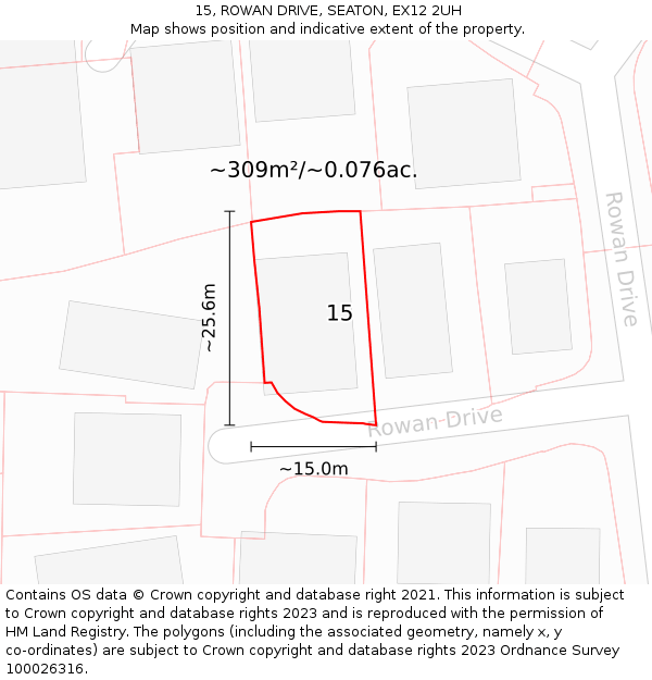 15, ROWAN DRIVE, SEATON, EX12 2UH: Plot and title map