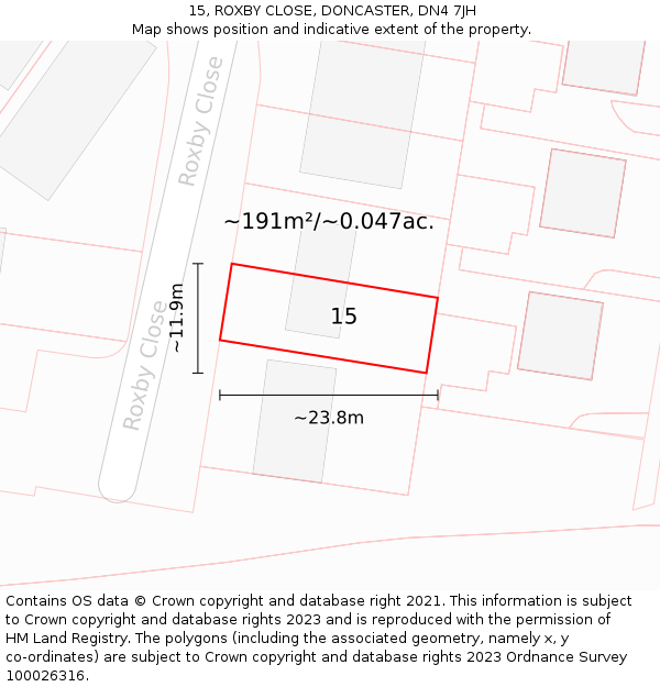 15, ROXBY CLOSE, DONCASTER, DN4 7JH: Plot and title map