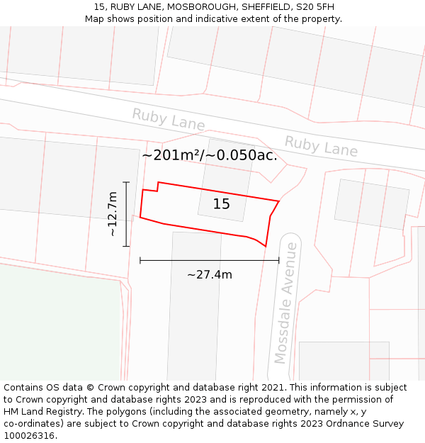 15, RUBY LANE, MOSBOROUGH, SHEFFIELD, S20 5FH: Plot and title map