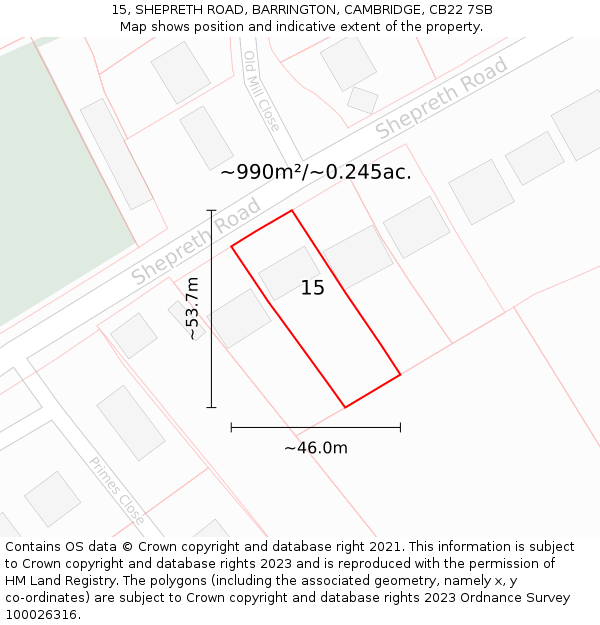 15, SHEPRETH ROAD, BARRINGTON, CAMBRIDGE, CB22 7SB: Plot and title map