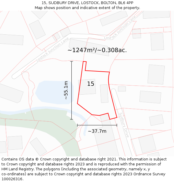 15, SUDBURY DRIVE, LOSTOCK, BOLTON, BL6 4PP: Plot and title map