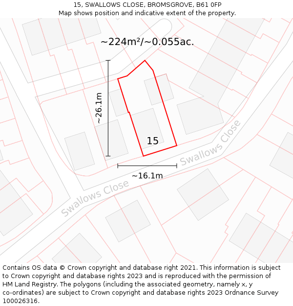 15, SWALLOWS CLOSE, BROMSGROVE, B61 0FP: Plot and title map