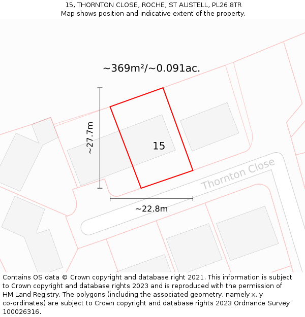 15, THORNTON CLOSE, ROCHE, ST AUSTELL, PL26 8TR: Plot and title map