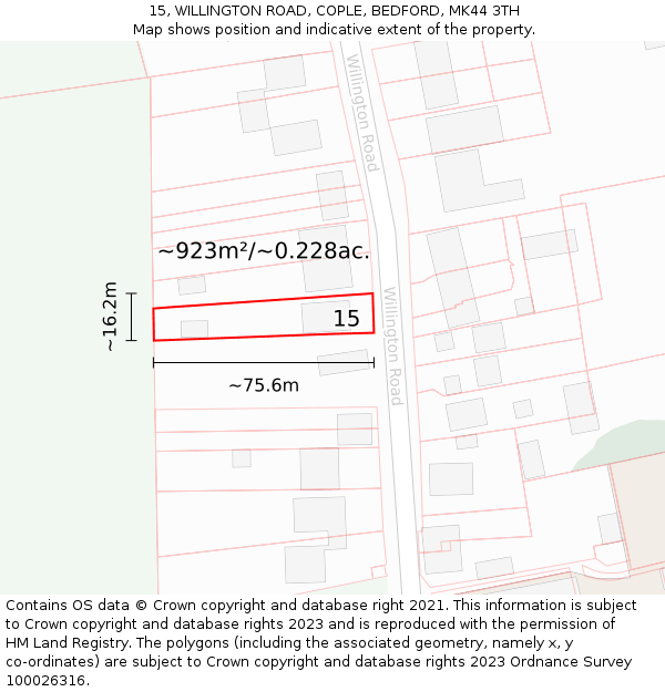 15, WILLINGTON ROAD, COPLE, BEDFORD, MK44 3TH: Plot and title map