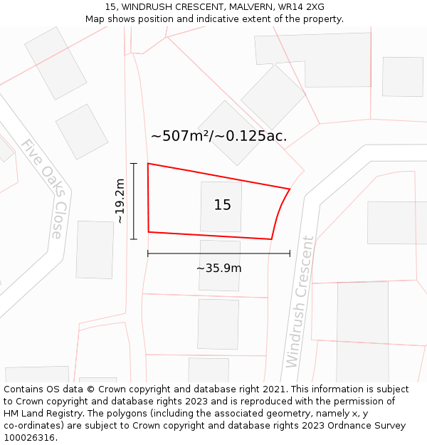 15, WINDRUSH CRESCENT, MALVERN, WR14 2XG: Plot and title map