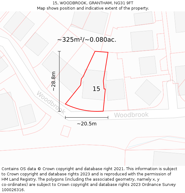 15, WOODBROOK, GRANTHAM, NG31 9FT: Plot and title map