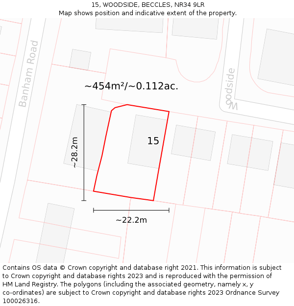 15, WOODSIDE, BECCLES, NR34 9LR: Plot and title map