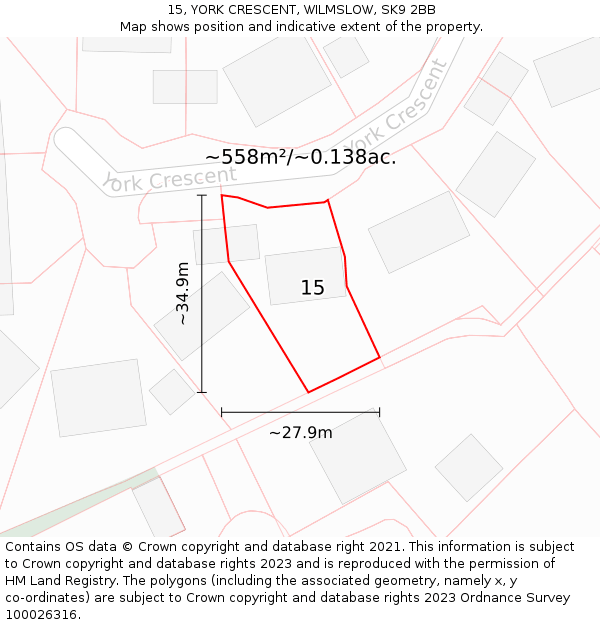 15, YORK CRESCENT, WILMSLOW, SK9 2BB: Plot and title map