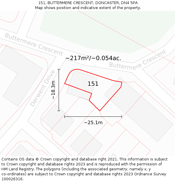 151, BUTTERMERE CRESCENT, DONCASTER, DN4 5PA: Plot and title map