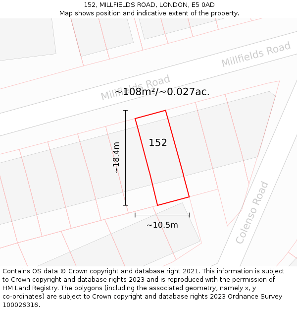 152, MILLFIELDS ROAD, LONDON, E5 0AD: Plot and title map