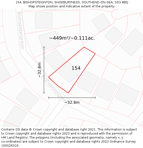 154, BISHOPSTEIGNTON, SHOEBURYNESS, SOUTHEND-ON-SEA, SS3 8BQ: Plot and title map