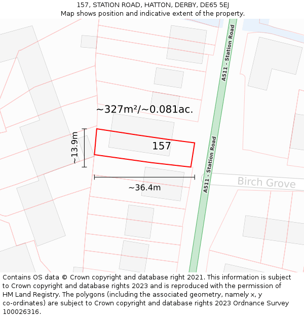 157, STATION ROAD, HATTON, DERBY, DE65 5EJ: Plot and title map