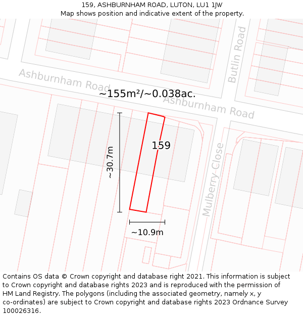 159, ASHBURNHAM ROAD, LUTON, LU1 1JW: Plot and title map