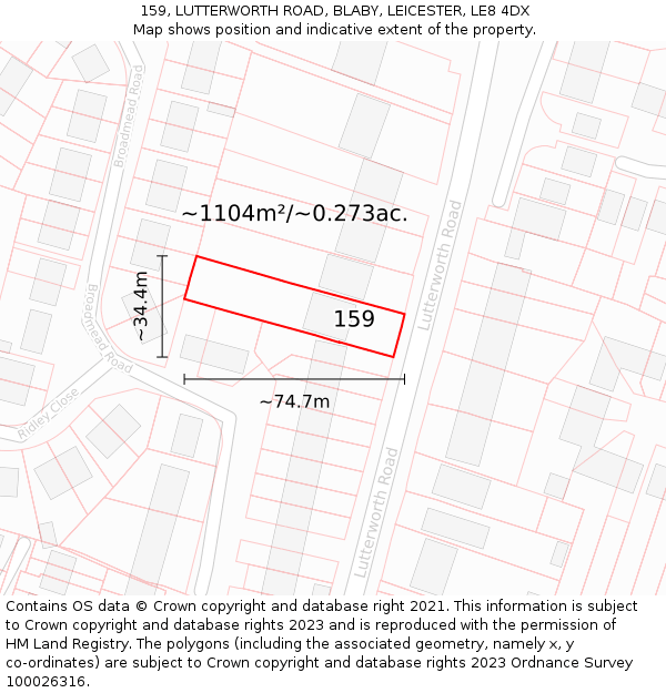 159, LUTTERWORTH ROAD, BLABY, LEICESTER, LE8 4DX: Plot and title map