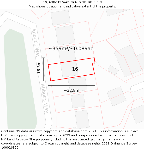 16, ABBOTS WAY, SPALDING, PE11 1JS: Plot and title map