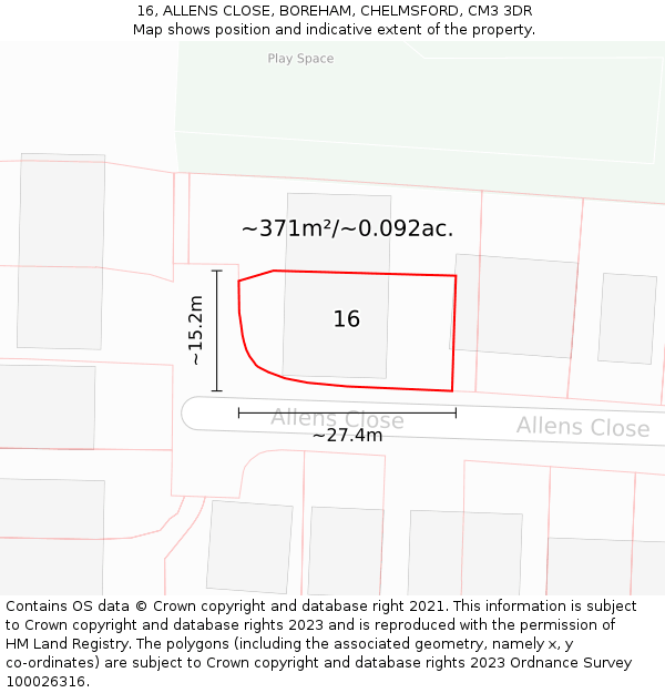 16, ALLENS CLOSE, BOREHAM, CHELMSFORD, CM3 3DR: Plot and title map