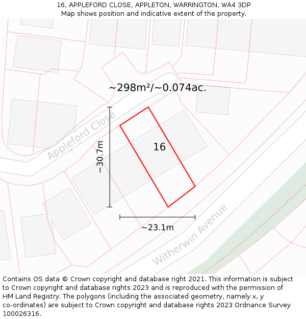 16, APPLEFORD CLOSE, APPLETON, WARRINGTON, WA4 3DP: Plot and title map