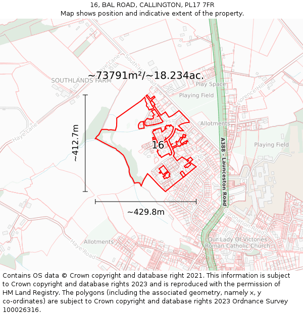 16, BAL ROAD, CALLINGTON, PL17 7FR: Plot and title map