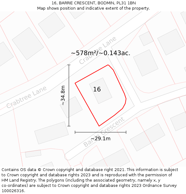 16, BARRIE CRESCENT, BODMIN, PL31 1BN: Plot and title map