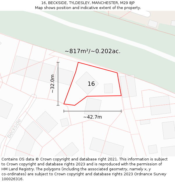 16, BECKSIDE, TYLDESLEY, MANCHESTER, M29 8JP: Plot and title map
