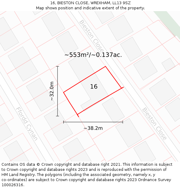 16, BIESTON CLOSE, WREXHAM, LL13 9SZ: Plot and title map