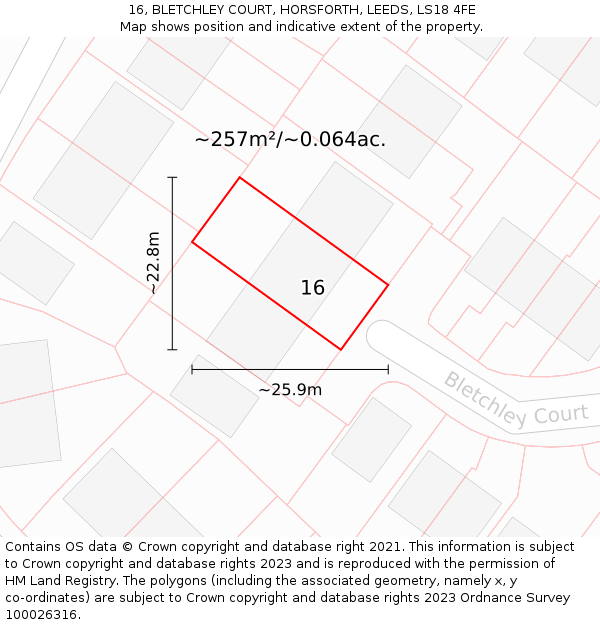 16, BLETCHLEY COURT, HORSFORTH, LEEDS, LS18 4FE: Plot and title map