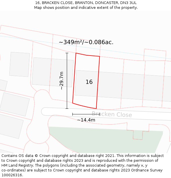 16, BRACKEN CLOSE, BRANTON, DONCASTER, DN3 3UL: Plot and title map